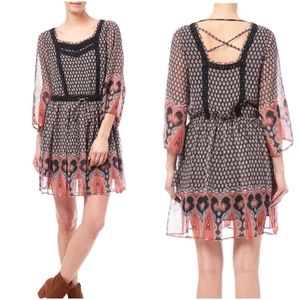 Miss Me, " Let's Groove" Boho Mini Dress, Sheer Size M.